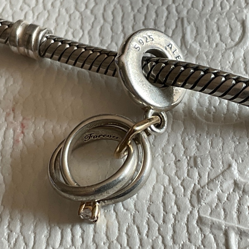 Pandora two tone double rings charm 14k gold and diamond - Picture 5 of 13